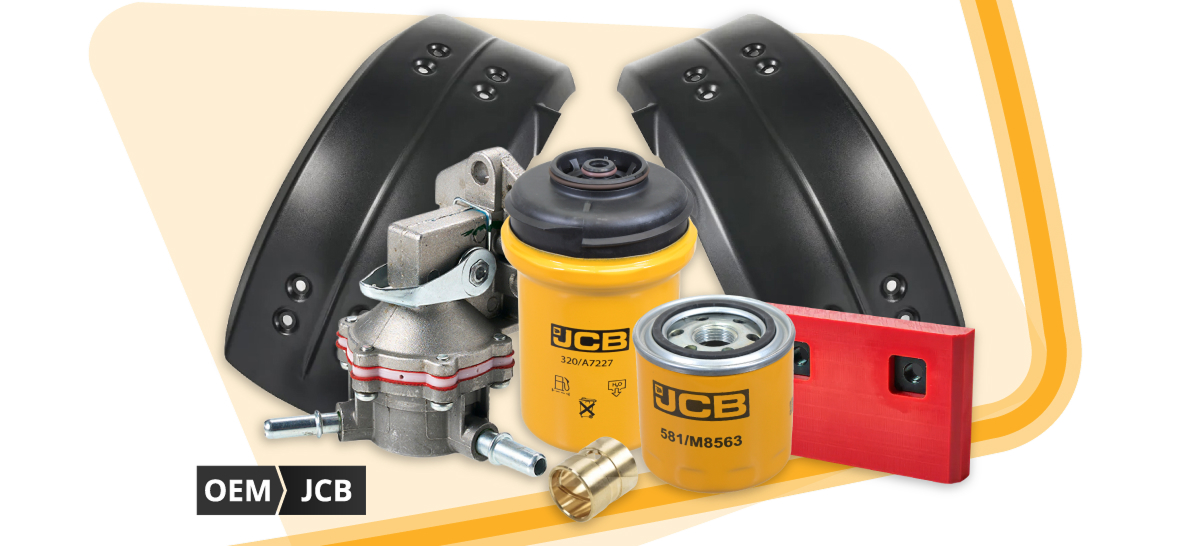 Et udvalg af originale JCB-reservedele til teleskoplæssere er udstillet, herunder filtre, reservedele til læssere og styrekomponenter, som viser bredden i det udvalg af originale JCB-reservedele til teleskoplæssere, der findes hos Sparex.