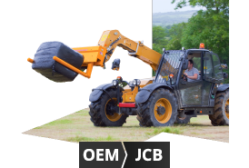 Traktorbillede, der angiver, at der findes originale reservedele til Ford/New Holland-, John Deere- og Case IH-maskiner.
