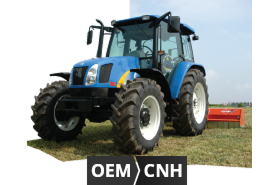 Traktorbillede, der angiver, at der findes originale reservedele til Ford/New Holland-, John Deere- og Case IH-maskiner.