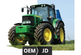 Traktorbillede, der angiver, at der findes originale reservedele til Ford/New Holland-, John Deere- og Case IH-maskiner.