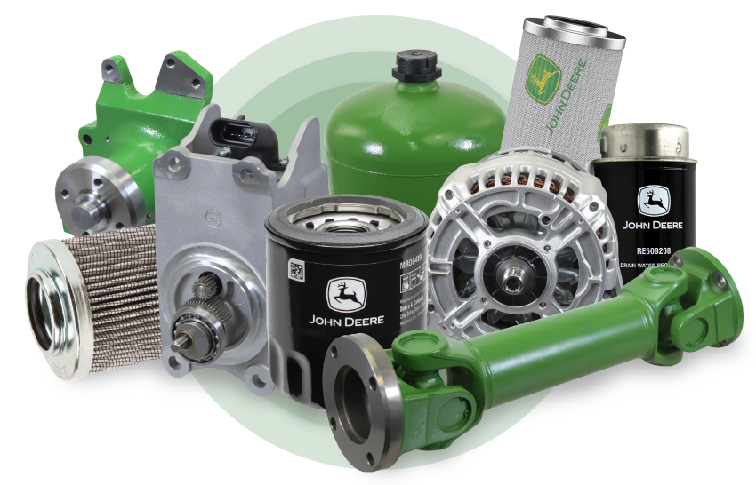 Udvalg af originale John Deere-traktorreservedele udstillet, herunder filtre, koblingskomponenter og bremsedele, som repræsenterer bredden i vores udvalg af originale reservedele.